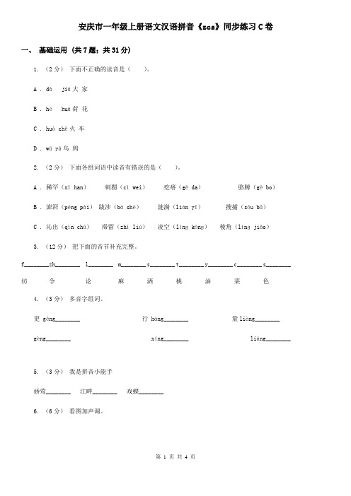 安庆市一年级上册语文汉语拼音《zcs》同步练习C卷