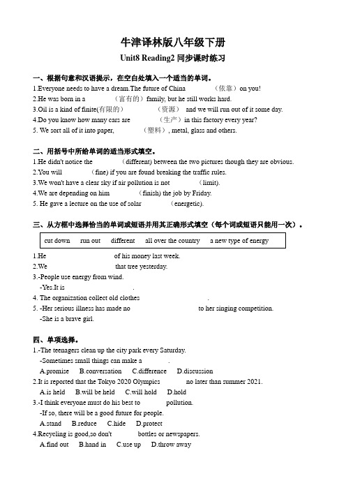 牛津译林版八年级下册Unit8 Reading2同步课时练习(有答案)