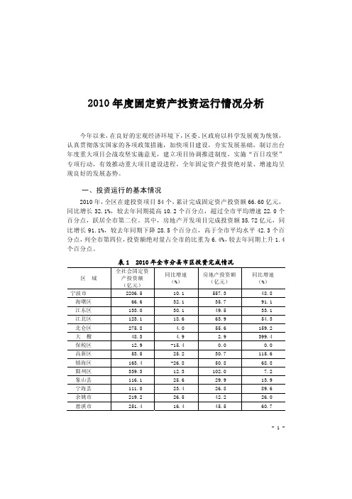 2010 年度固定资产投资运行情况分析