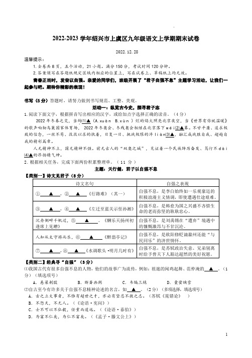 2022-2023学年绍兴市上虞区九年级语文上学期期末试卷附答案解析