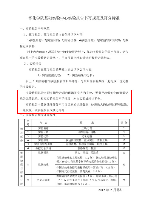 实验报告书写规范及评分标准