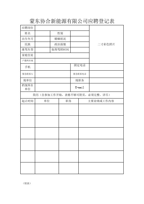 蒙东协合新能源有限公司应聘登记表