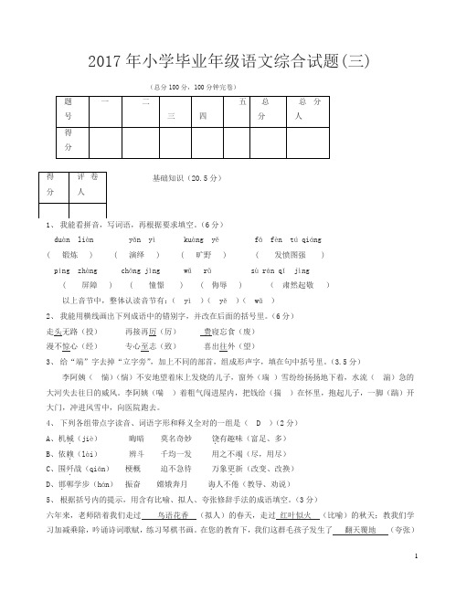 小学毕业年级语文综合试题有答案(三)新人教版