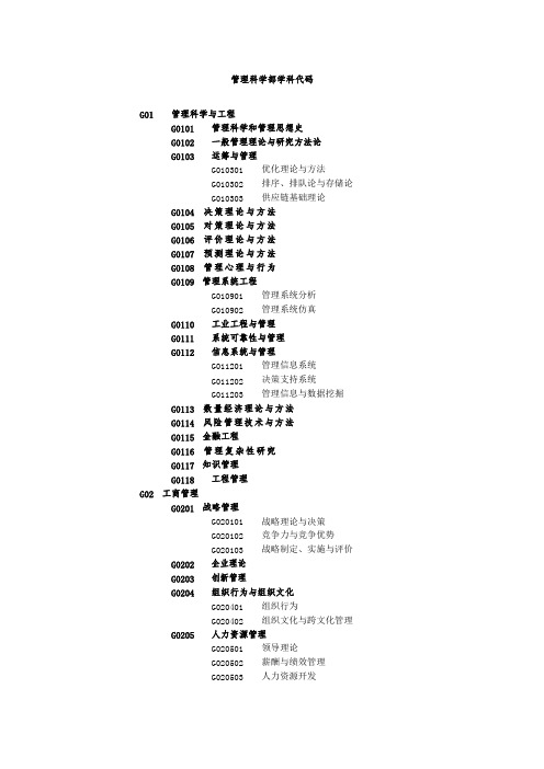 国家自然科学基金委管理科学部学科代码