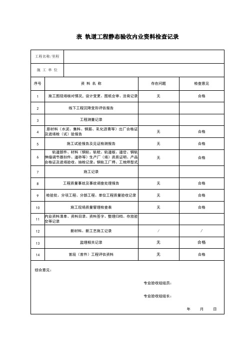 表3.0.1-1轨道工程静态验收内业资料检查记录