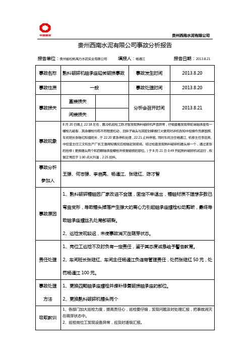 贵州西南水泥有限公司事故分析报告13.8.21