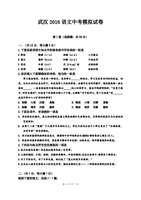 武汉2016中考语文模拟试卷