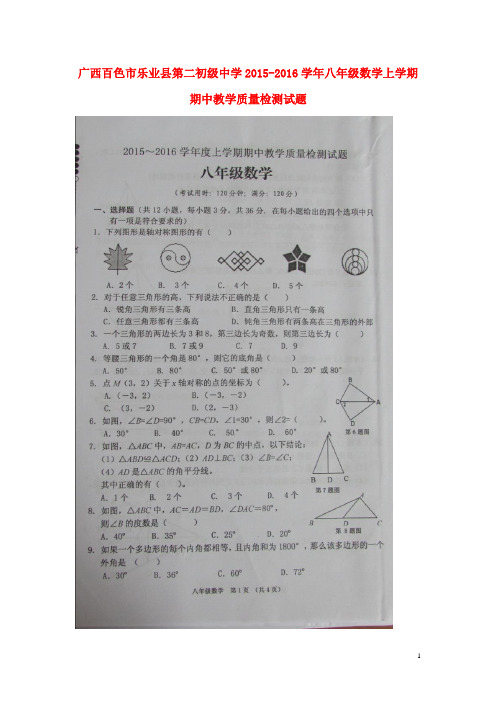 广西百色市乐业县第二初级中学八年级数学上学期期中教