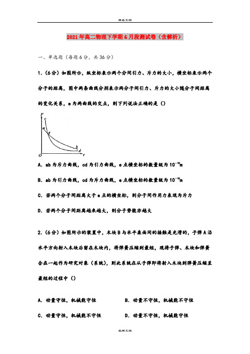 2021年高二物理下学期6月段测试卷(含解析)