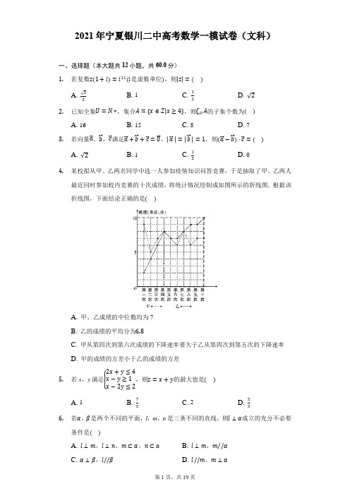 2021年宁夏银川二中高考数学一模试卷(文科)(附答案详解)