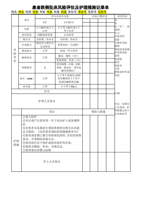 患者跌倒坠床风险评估及护理措施记录单