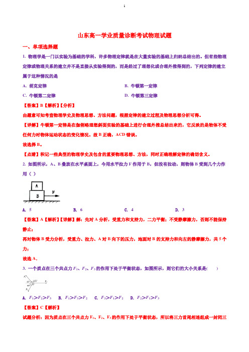 精品：山东高一上学期12月质量诊断物理试题及解析