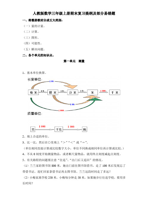 【精品】人教版三年级上册数学期末复习提纲及部分易错题 5页