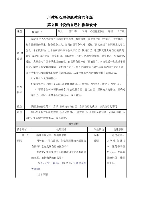 【川教版】《心理健康教育》六年级上册 第2课《悦纳自己》教案