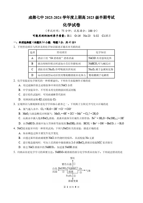 (成都七中)四川省成都市第七中学2023-2024学年高一上学期期中考试化学试题(含答案)