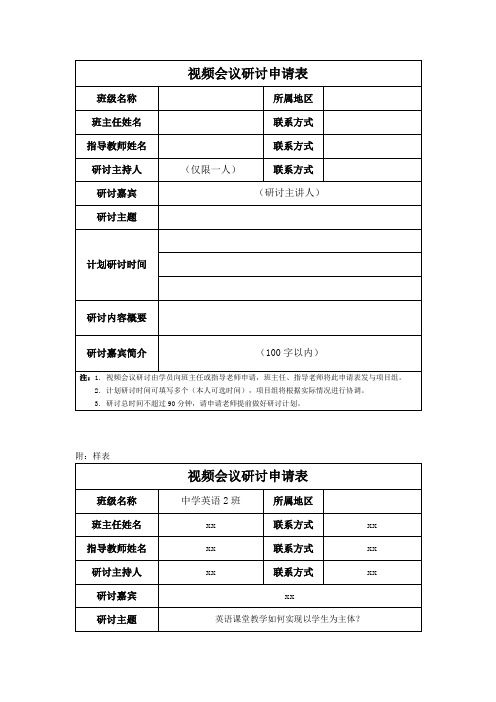 视频会议研讨申请表