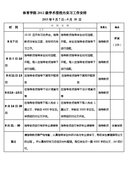 体育学院2012级本科校内实习工作及分组安排