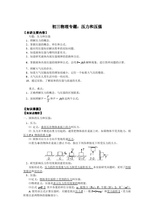 初三物理专题压力和压强知识精讲