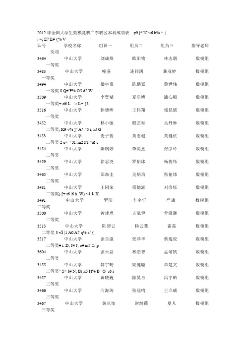 2012年全国大学生数模竞赛广东赛区本科成绩表__y9_j_2要点