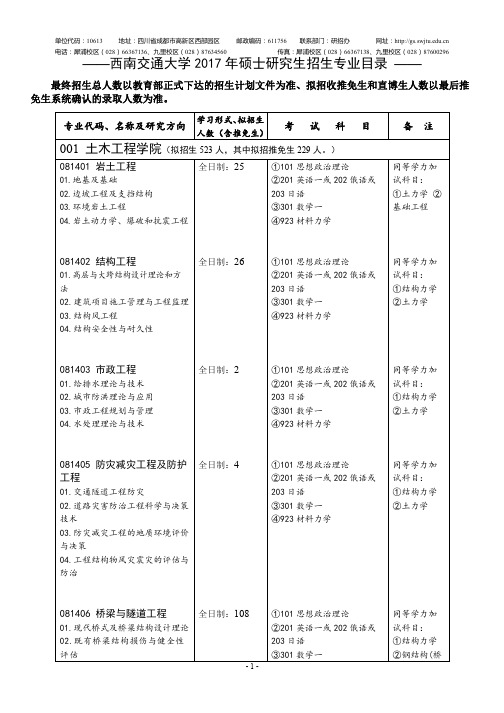 ——西南交通大学2017年硕士研究生招生专业目录——