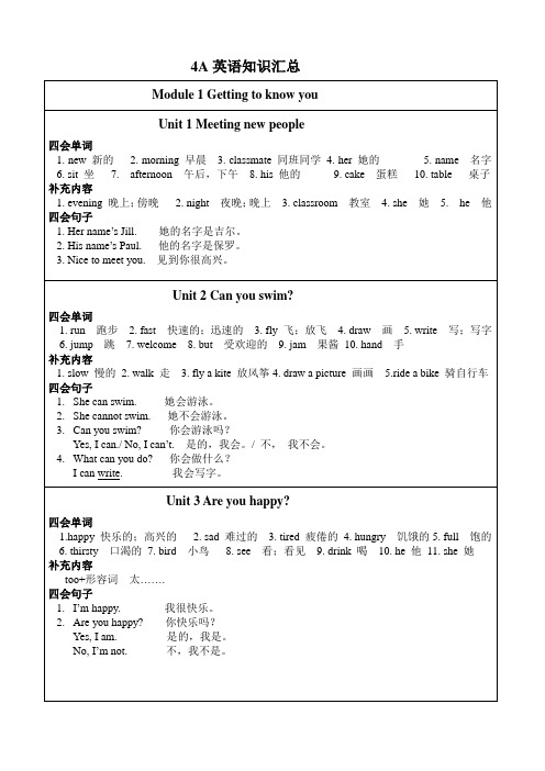 牛津英语4A四会单词,四会句子全册