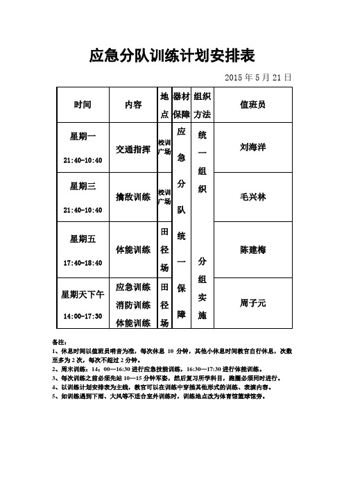 应急分队周训练计划安排表