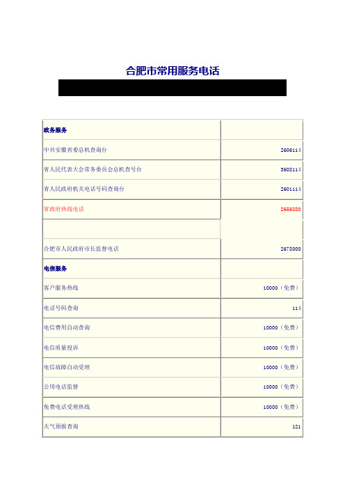 合肥市常用服务电话