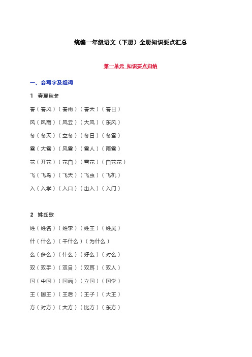 2020新版部编本一年级语文下册全册知识要点汇总