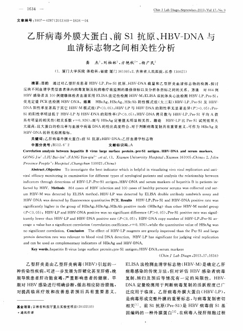 乙肝病毒外膜大蛋白、前S1抗原、HBV-DNA与血清标志物之间相关性分析