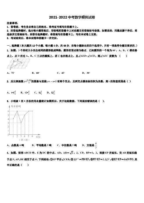 云南省文山市达标名校2021-2022学年初中数学毕业考试模拟冲刺卷含解析