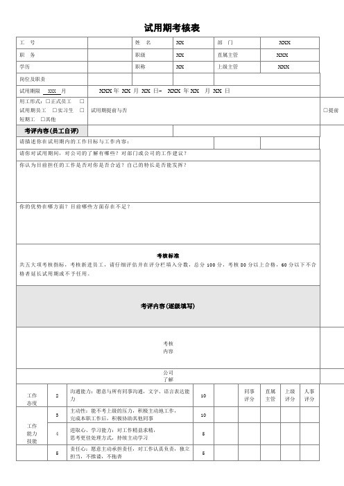 试用期员工转正考核表模板