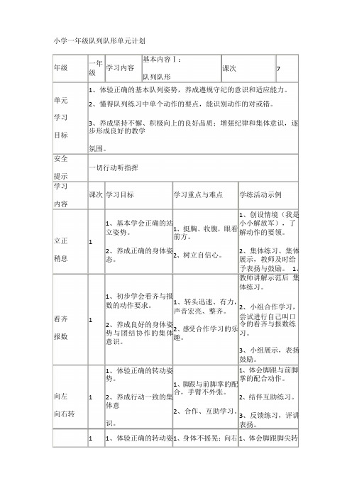 小学一年级队列队形单元计划