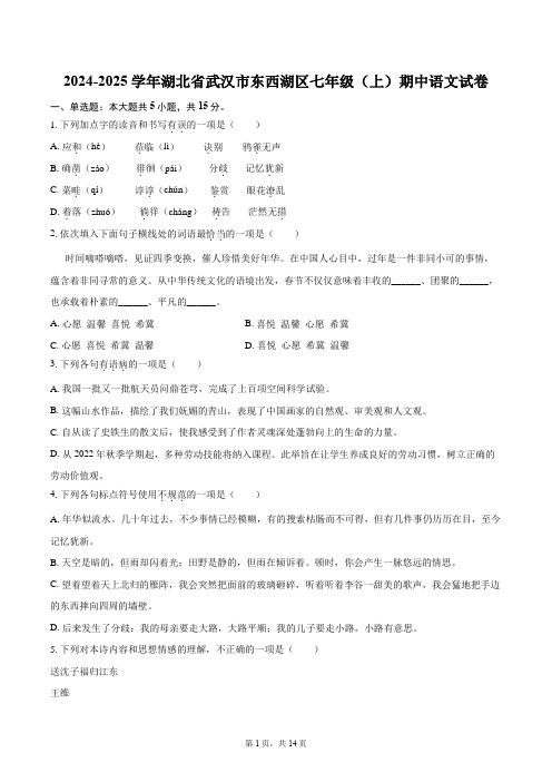 2024-2025学年湖北省武汉市东西湖区七年级(上)期中语文试卷(含详细答案解析)