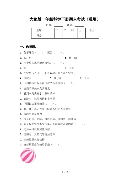 大象版一年级科学下册期末考试(通用)