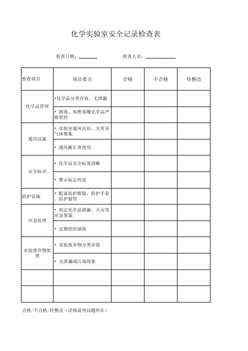 化学实验室安全记录检查表