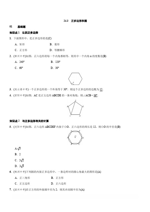 人教版九年级上数学24.3正多边形和圆练习题含答案