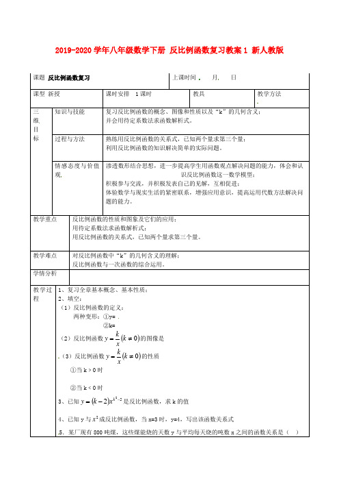 2019-2020学年八年级数学下册 反比例函数复习教案1 新人教版.doc