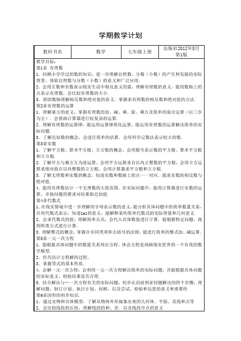 浙教版数学七年级上学期教学计划(最新全)