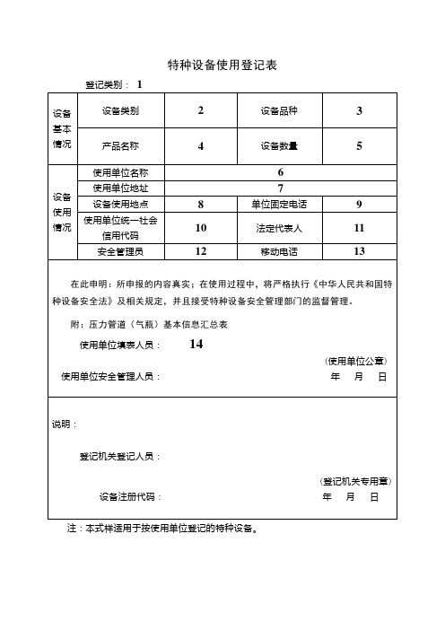 特种设备使用登记表