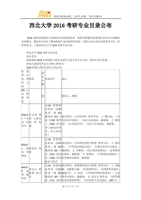 西北大学2016考研专业目录公布