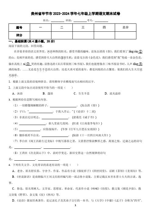 贵州省毕节市2023-2024学年七年级上学期语文期末试卷(含答案)