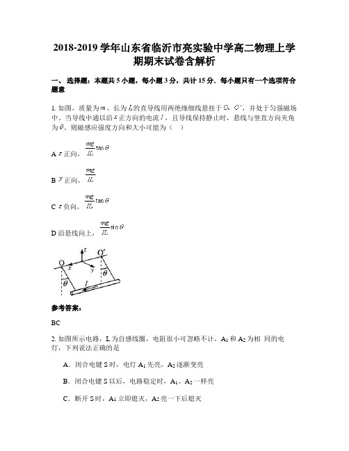 2018-2019学年山东省临沂市亮实验中学高二物理上学期期末试卷含解析