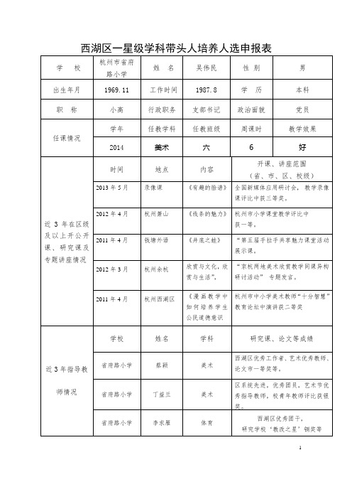 西湖区一星级学科带头人培养人选申报表-杭州府路小学