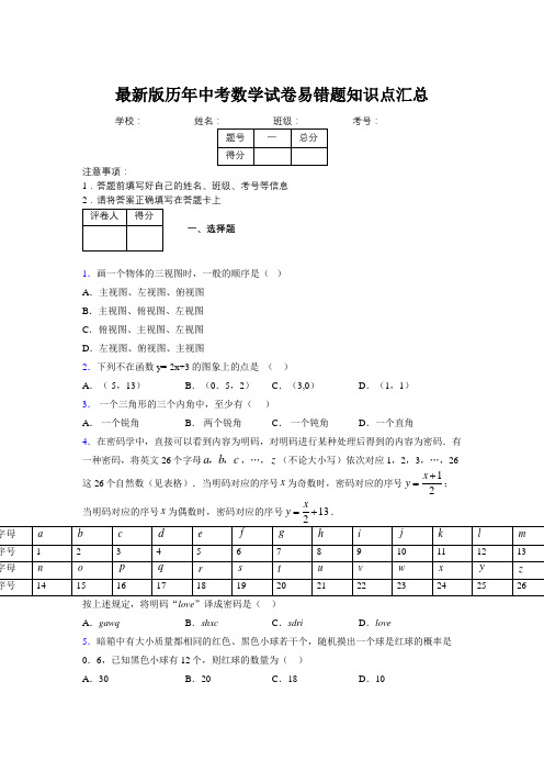 2019最新版历年中考数学试卷易错题知识点汇总435542