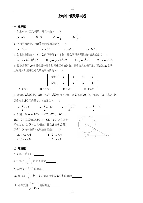 上海市中考数学模拟试题(有答案)(word版)