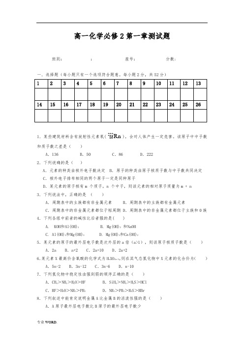 人教版高一化学必修2第一章测试题(含答案-)