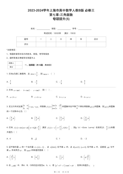 2023-2024学年上海市高中数学人教B版 必修三第七章-三角函数专项提升-5-含解析