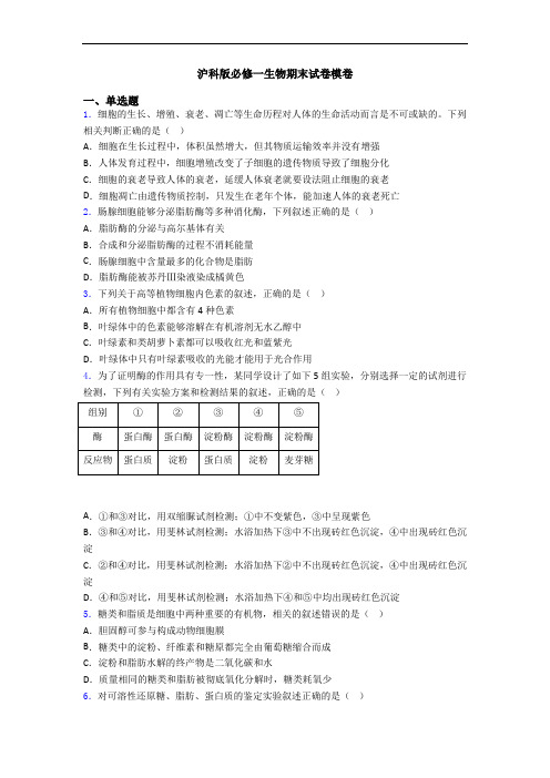 沪科版必修一生物期末试卷模卷