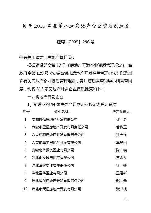 关于2005年度第八批房地产企业资质的批复