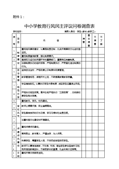 中小学教育行风民主评议问卷调查表